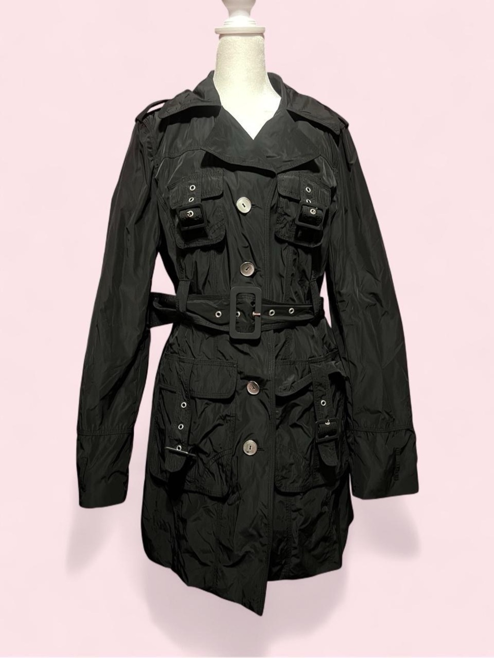 Large BEBE Black Utility Trench Coat with Belt - Picture 1 of 8